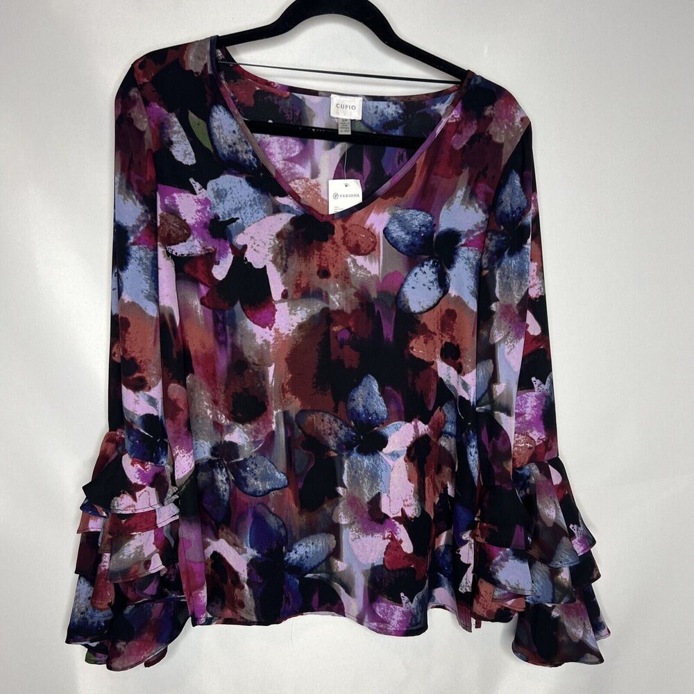 Cupio Blouse Women's Small Multicolor Floral Print V-Neck Flare Bell Sleeve